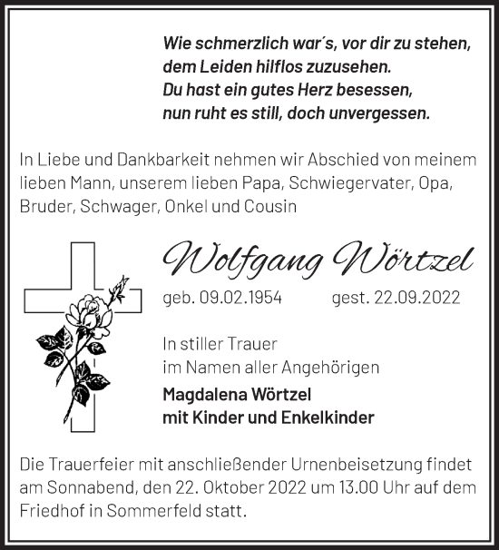 Traueranzeige von Wolfgang Wörtzel von Märkische Oderzeitung