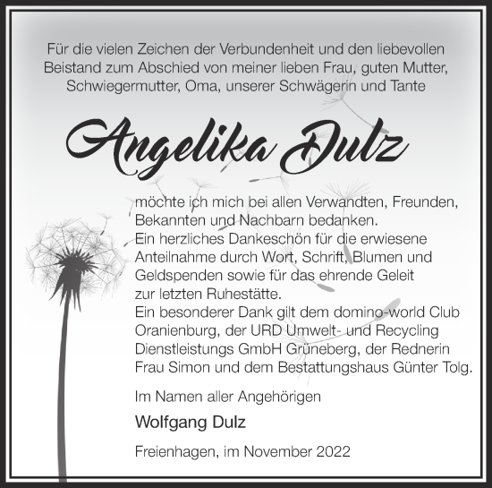 Traueranzeige von Angelika Dulz von Märkische Oderzeitung