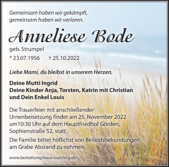 Traueranzeige von Anneliese Bade von Märkische Oderzeitung