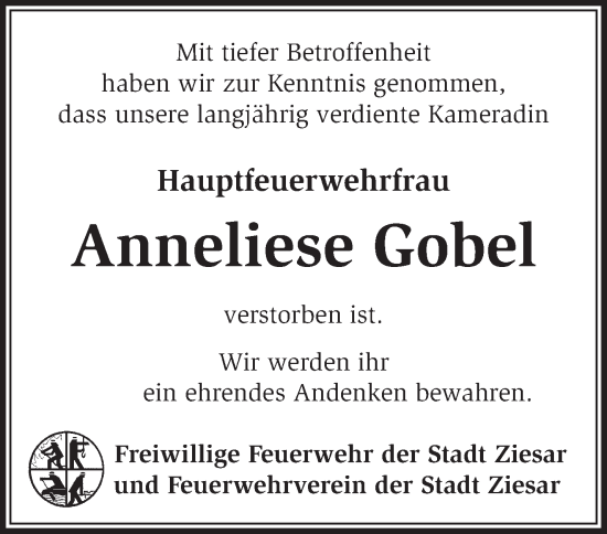 Traueranzeige von Anneliese Gobel von Märkische Oderzeitung