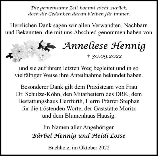 Traueranzeige von Anneliese Hennig von Märkische Oderzeitung