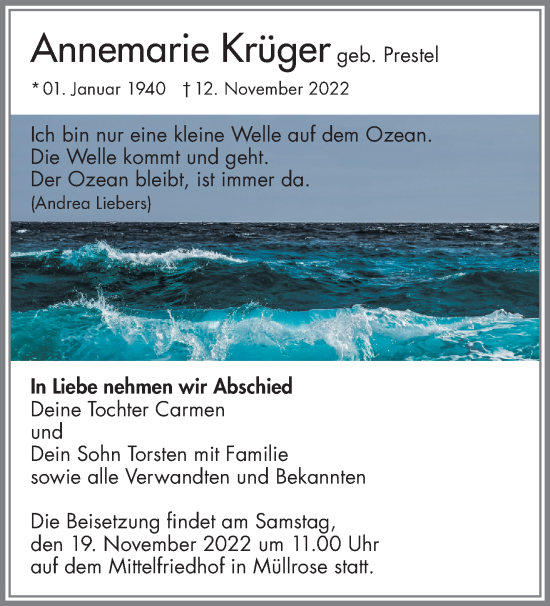 Traueranzeige von Annemarie Krüger von Märkische Oderzeitung