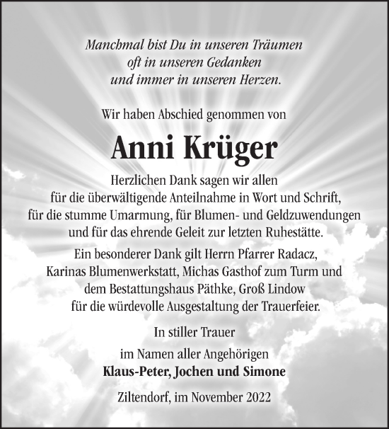 Traueranzeige von Anni Krüger von Märkische Oderzeitung