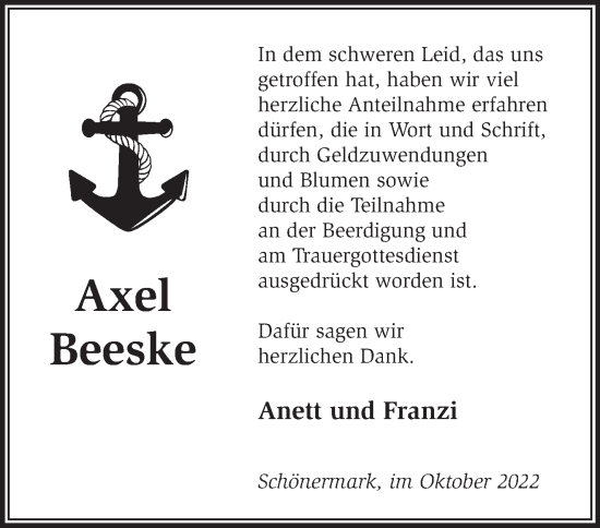 Traueranzeige von Axel Beeske von Märkische Oderzeitung