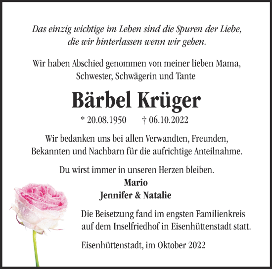 Traueranzeige von Bärbel Krüger von Märkische Oderzeitung