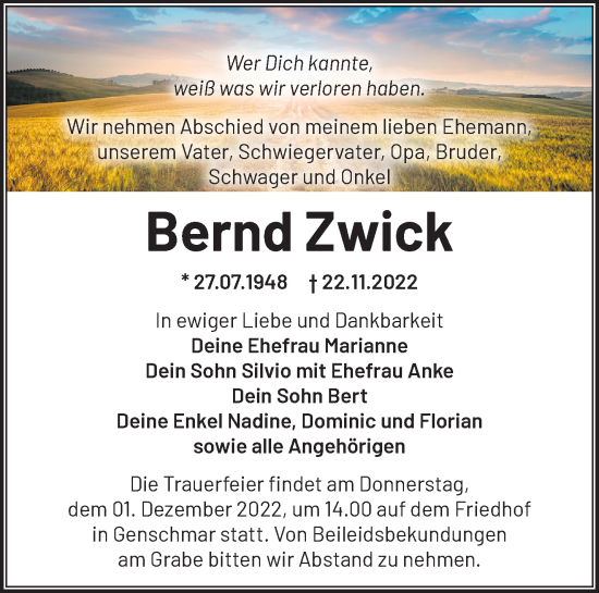 Anzeige Bernd Zwick