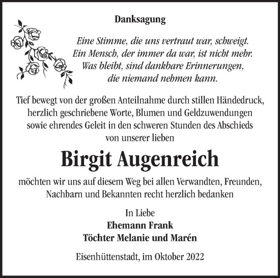 Traueranzeige von Birgit Augenreich von Märkische Oderzeitung