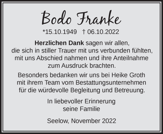 Traueranzeige von Bodo Franke von Märkische Oderzeitung