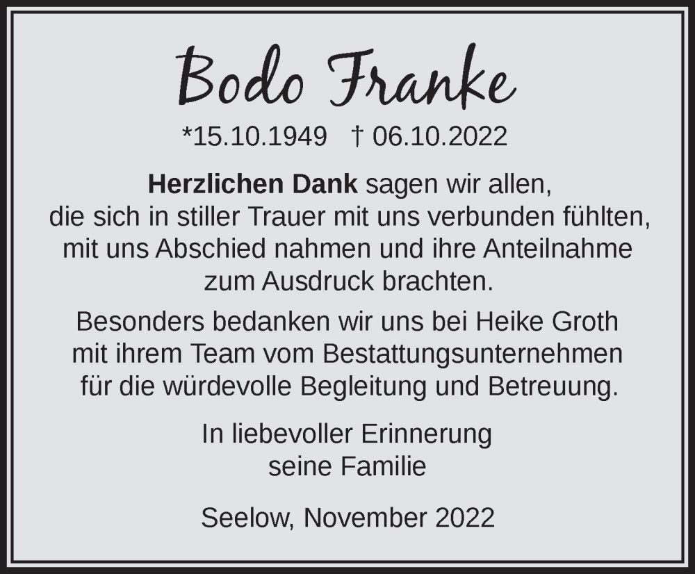  Traueranzeige für Bodo Franke vom 19.11.2022 aus Märkische Oderzeitung