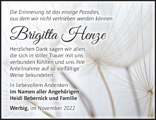 Traueranzeige von Brigitta Henze von Märkische Oderzeitung