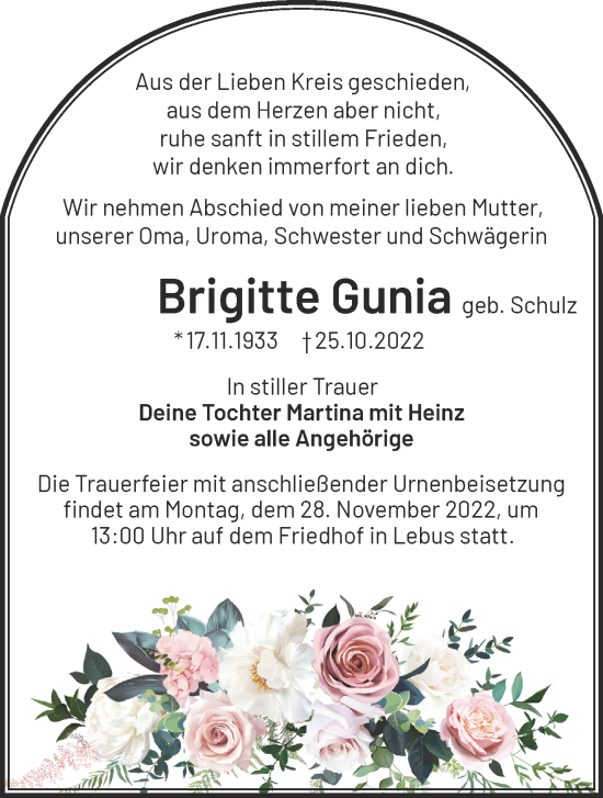 Traueranzeige von Brigitte Gunia von Märkische Oderzeitung