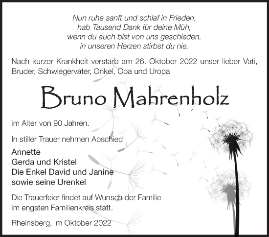 Traueranzeige von Bruno Mahrenholz von Märkische Oderzeitung