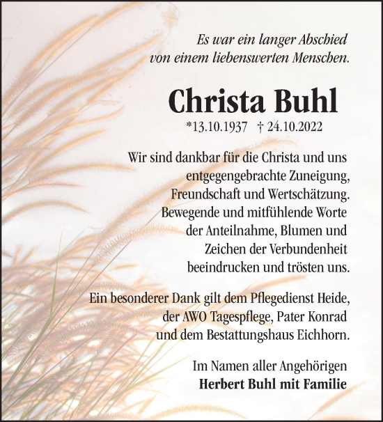 Traueranzeige von Christa Buhl von Märkische Oderzeitung