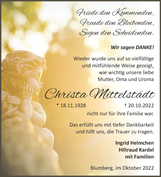 Traueranzeige von Christa Mittelstädt von Märkische Oderzeitung