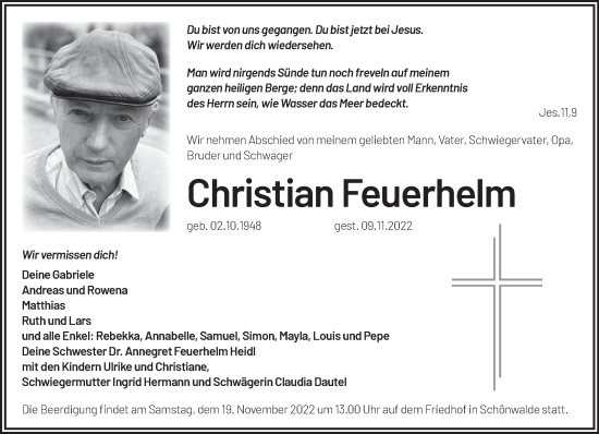 Traueranzeige von Christian Feuerhelm von Märkische Oderzeitung