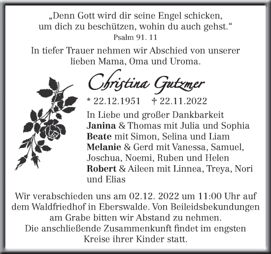 Traueranzeige von Christina Gutzmer von Märkische Oderzeitung