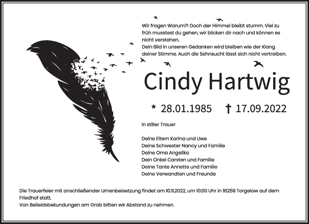  Traueranzeige für Cindy Hartwig vom 05.11.2022 aus Märkische Oderzeitung