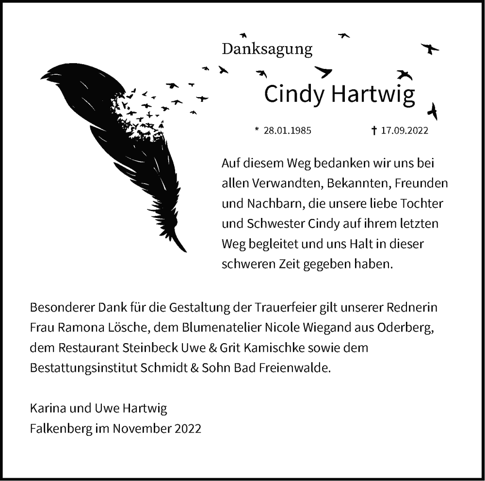  Traueranzeige für Cindy Hartwig vom 26.11.2022 aus Märkische Oderzeitung