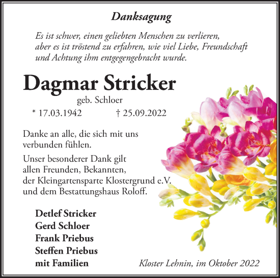 Traueranzeige von Dagmar Stricker von Märkische Oderzeitung