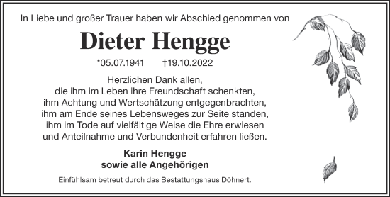 Traueranzeige von Dieter Hengge von Märkische Oderzeitung