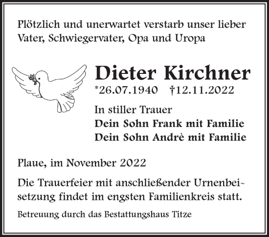 Traueranzeige von Dieter Kirchner von Märkische Oderzeitung