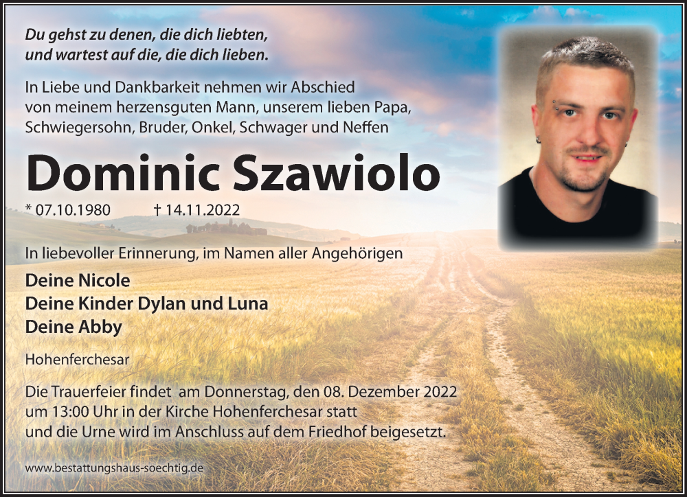  Traueranzeige für Dominic Szawiolo vom 27.11.2022 aus Märkische Oderzeitung