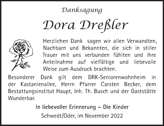 Traueranzeige von Dora Dreßler von Märkische Oderzeitung