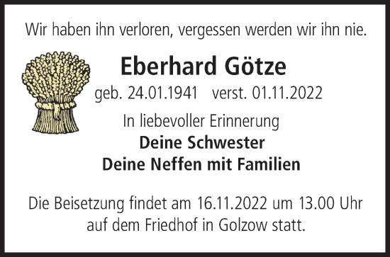 Traueranzeige von Eberhard Götze von Märkische Oderzeitung