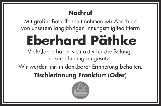 Traueranzeige von Eberhard Päthke von Märkische Oderzeitung