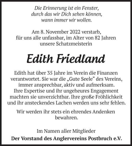 Traueranzeige von Edith Friedland von Märkische Oderzeitung