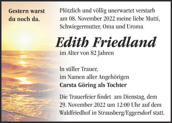 Traueranzeige von Edith Friedland von Märkische Oderzeitung