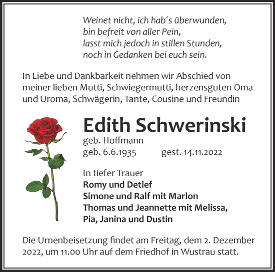 Traueranzeige von Edith Schwerinski von Märkische Oderzeitung