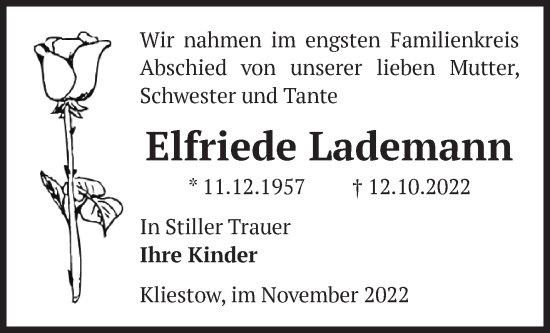 Traueranzeige von Elfriede Lademann von Märkische Oderzeitung