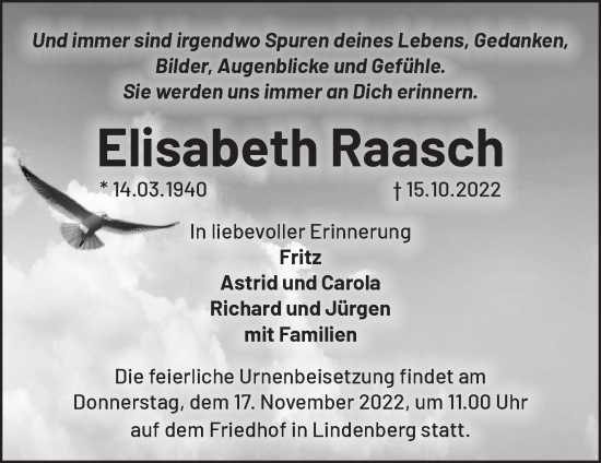 Traueranzeige von Elisabeth Raasch von Märkische Oderzeitung