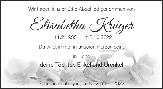 Traueranzeige von Elisabetha Krüger von Märkische Oderzeitung