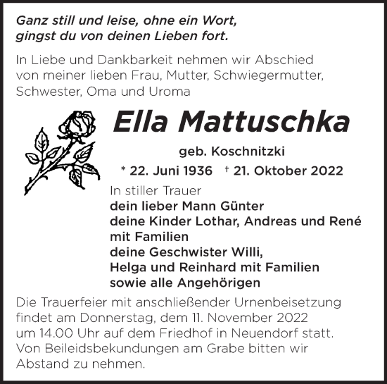 Traueranzeige von Ella Mattuschka von Märkische Oderzeitung