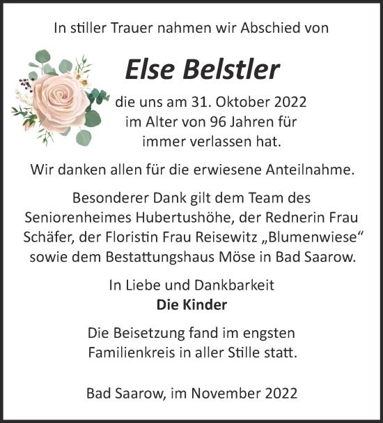 Traueranzeige von Else Belstler von Märkische Oderzeitung