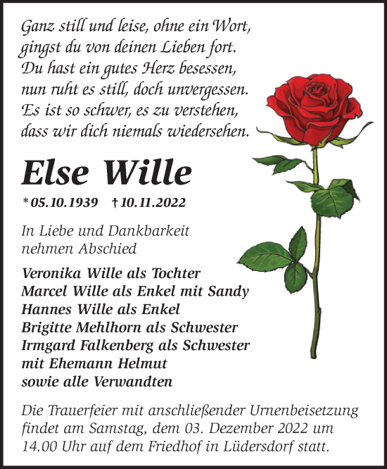 Traueranzeige von Else Wille von Märkische Oderzeitung