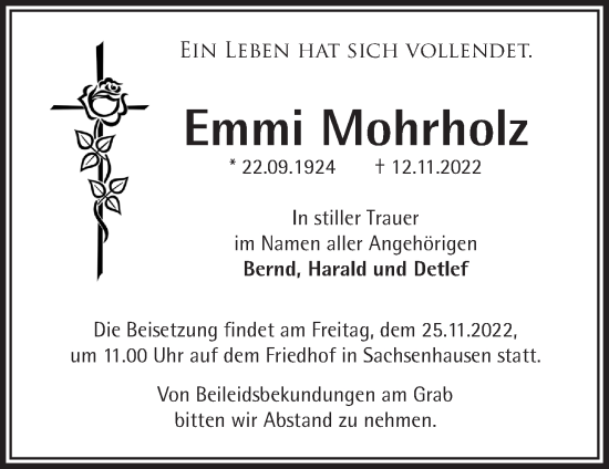 Traueranzeige von Emmi Mohrholz von Märkische Oderzeitung