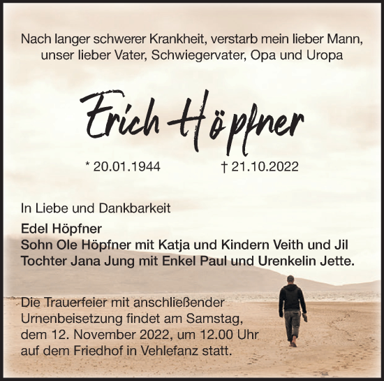 Traueranzeige von Erich Höpfner von Märkische Oderzeitung