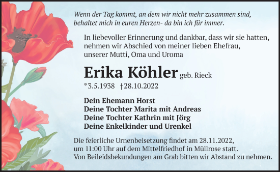 Traueranzeige von Erika Köhler von Märkische Oderzeitung