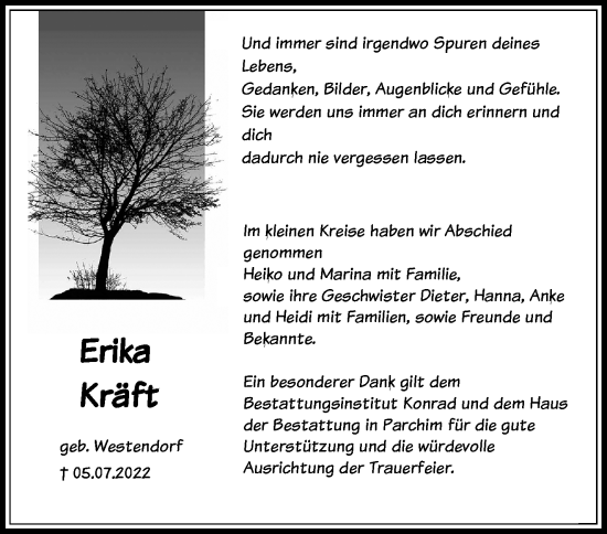 Traueranzeige von Erika Kräft von Märkische Oderzeitung