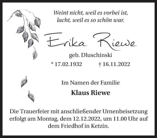 Traueranzeige von Erika Riewe von Märkische Oderzeitung