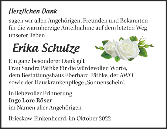 Traueranzeige von Erika Schutze von Märkische Oderzeitung