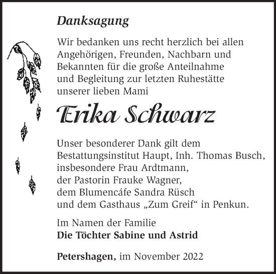 Traueranzeige von Erika Schwarz von Märkische Oderzeitung