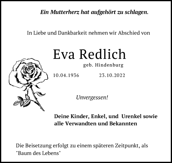 Traueranzeige von Eva Redlich von Märkische Oderzeitung