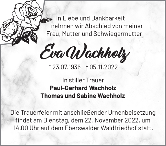 Traueranzeige von Eva Wachholz von Märkische Oderzeitung