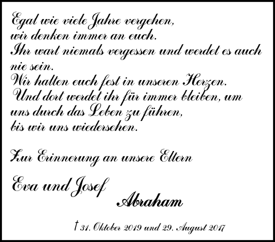 Traueranzeige von Eva und Josef Abraham von Märkische Oderzeitung