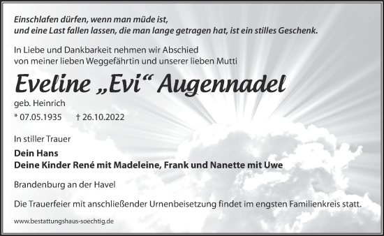 Traueranzeige von Eveline Augennadel von Märkische Oderzeitung