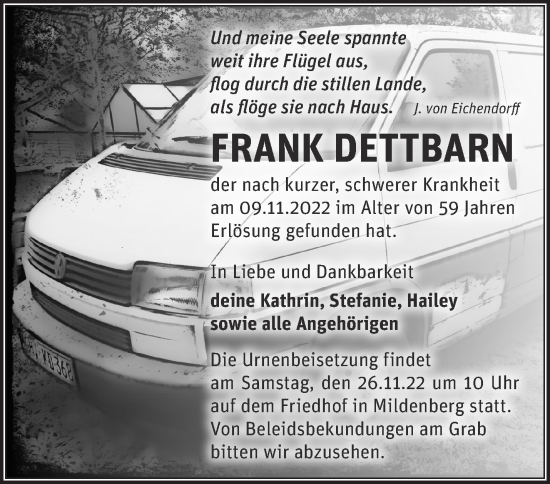 Traueranzeige von Frank Dettbarn von Märkische Oderzeitung